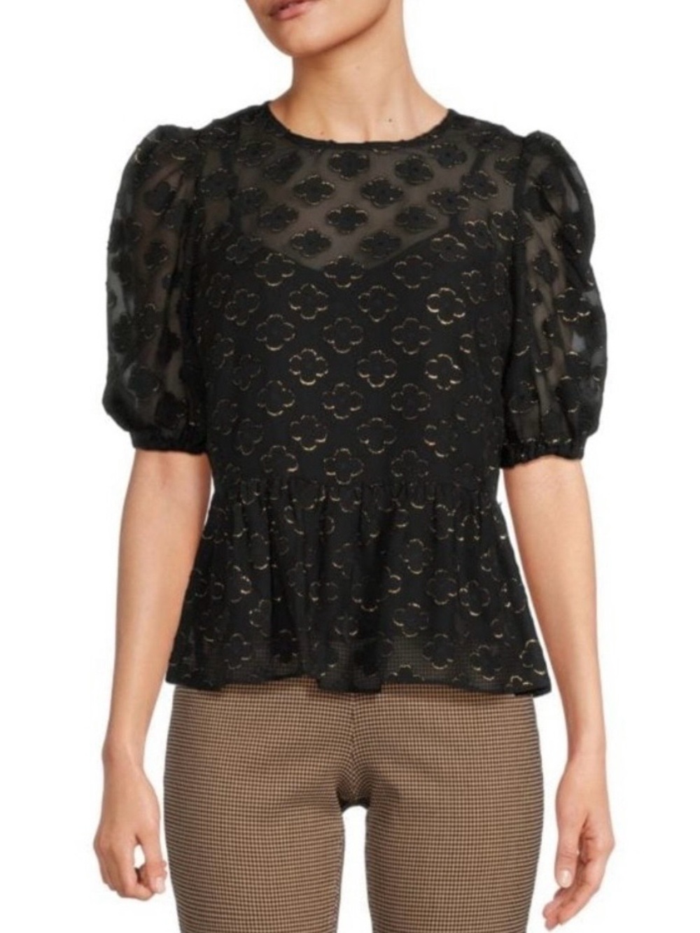 Nanette Lepore Black Sheer Puff-Sleeve Peplum Top